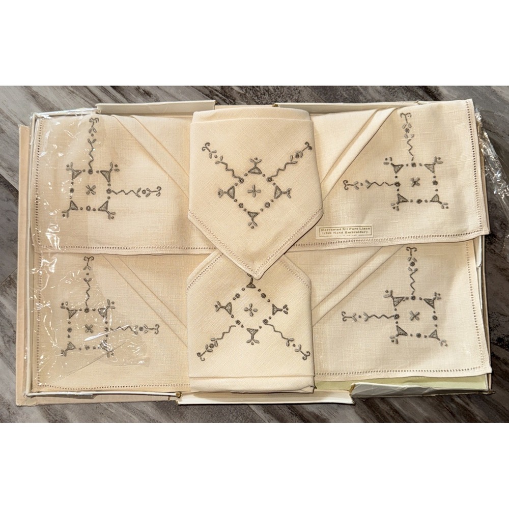 Vintage Irish Hand Embroidered All Pure Linen 6 Napkins Oyster Cream Ireland